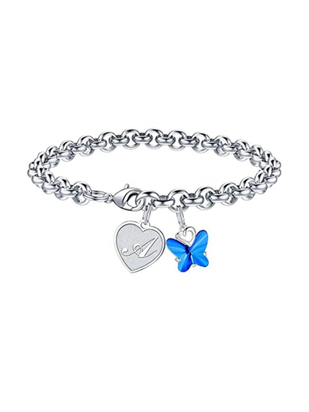 Initial Charm Bracelet Butterfly Crystal Heart Adjustable Jewelry Gift Box